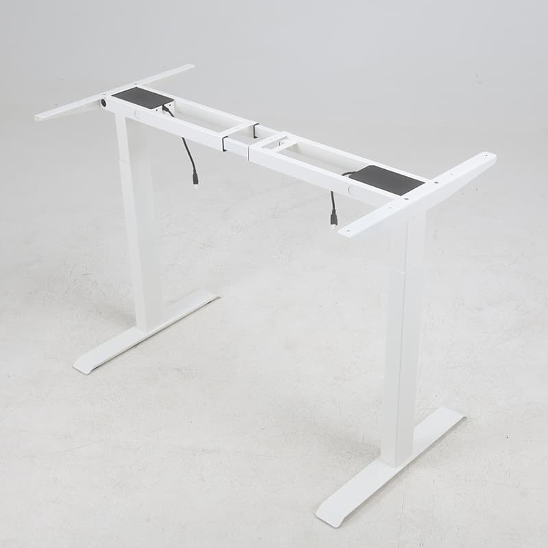 Angled view of the NATE 2AF2 economy dual motor standing desk frame in white, showing its sturdy SPCC steel construction.
