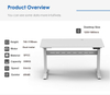  2NF2 Standing Desk product overview and specifications, showing desktop size, height, motor, load capacity, speed, and noise data.