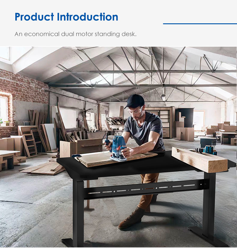2NF2 Dual Motor Standing Desk product introduction, an artisan using a power tool on the desk surface, showcasing its versatility.