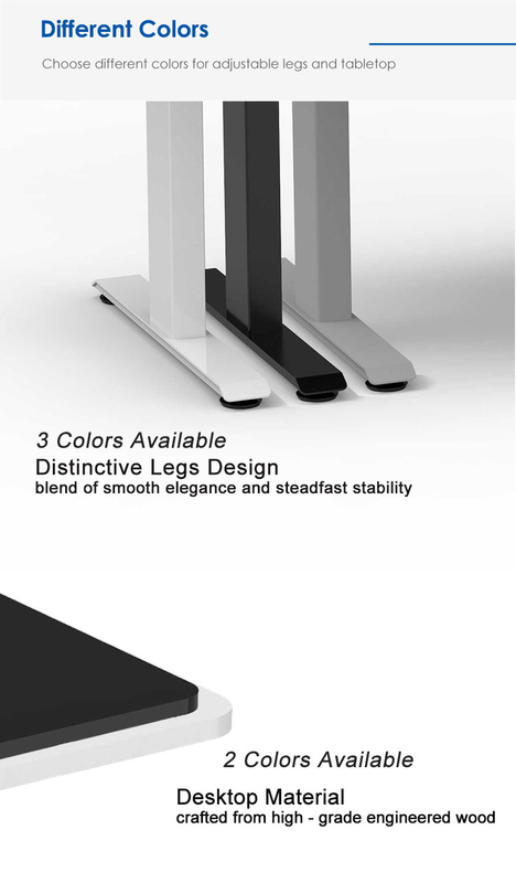 2NF2 Standing Desk color options, displaying white, black, and gray leg colors and desktop material color choices.