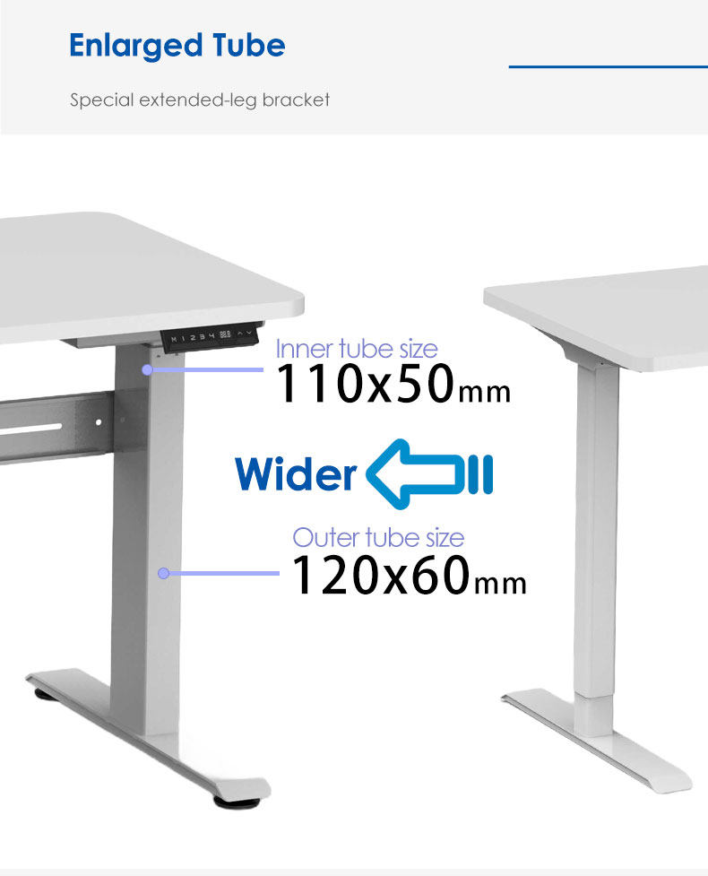 2NF2 Standing Desk enlarged tube sizes, showing inner and outer tube dimensions with 'Wider' indication.
