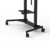 Bottom close-up of 2YDTV motorized TV cart and electric lift stand. Emphasizes the lockable casters and wide base design, showcasing mobility and stability.