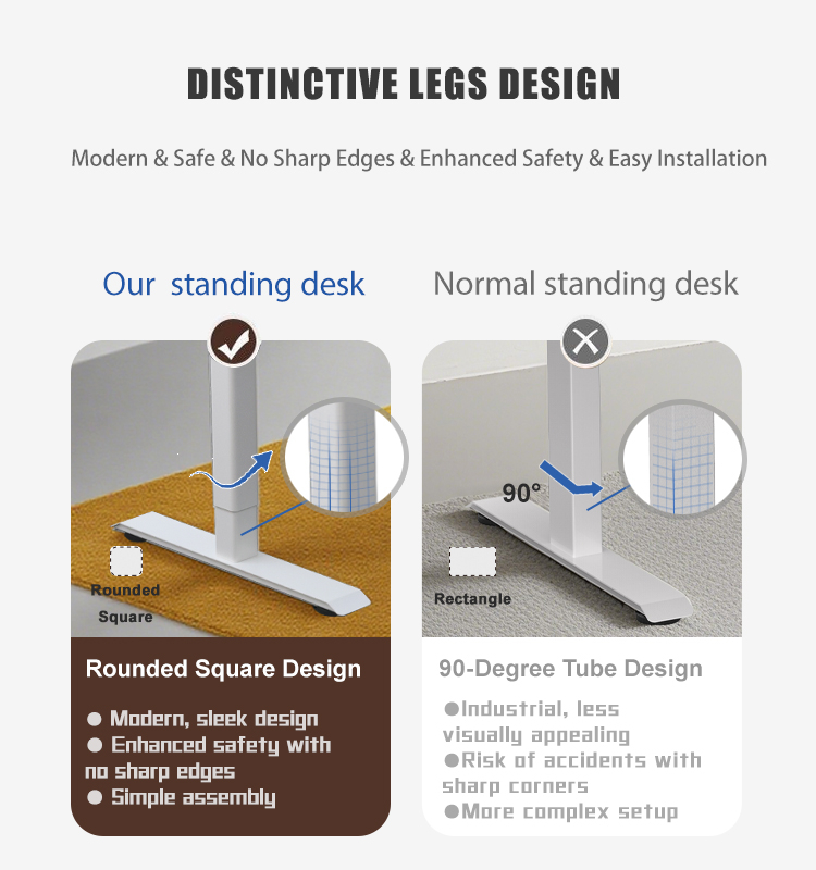 Standing desk legs comparison: Rounded square design vs. 90-degree rectangle tube.