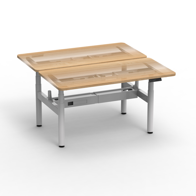 Complete white electric standing desk setup with desktop surface, demonstrating the full functionality and design
