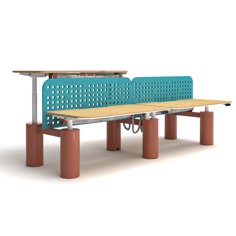A full view of the NATE NT33-8DF3 electric standing desk with a blue perforated front panel, showing its unique design and overall style.
