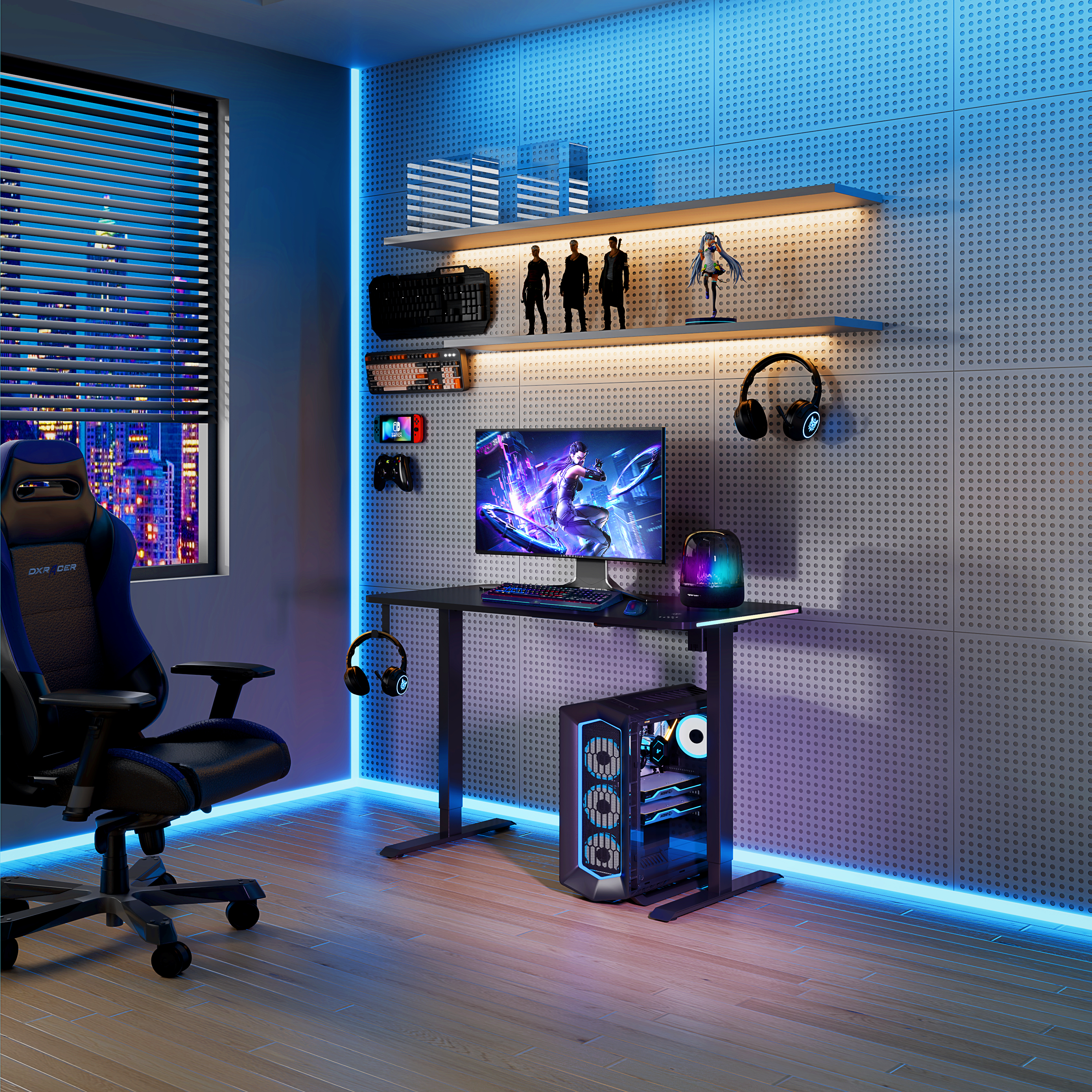 Premium Adjustable Gaming Desk with Touch Wireless Charger & Hooks - Side View of Sturdy Modern Setup