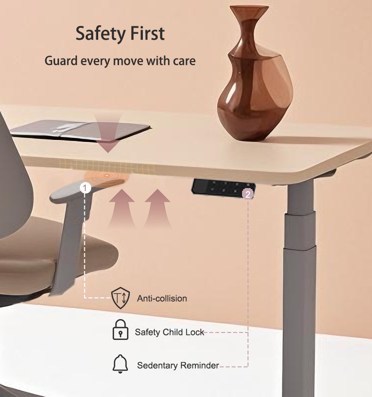 Diagram of the 2AF3 standing desk's safety features, including the anti-collision sensor, safety child lock, and sedentary reminder.
