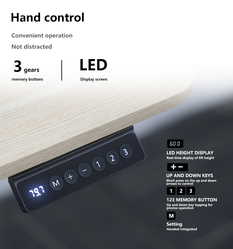 A close-up view of the 2SCAF2's intuitive hand control panel, featuring the LED height display and 3 memory preset buttons for easy operation.