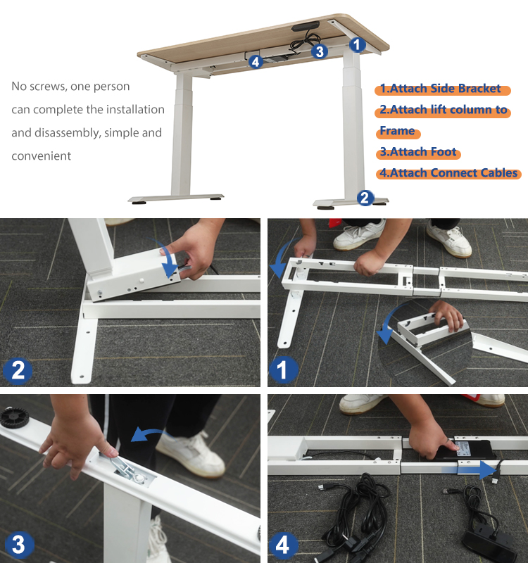 Tool-free assembly steps for electric standing desk, screwless installation