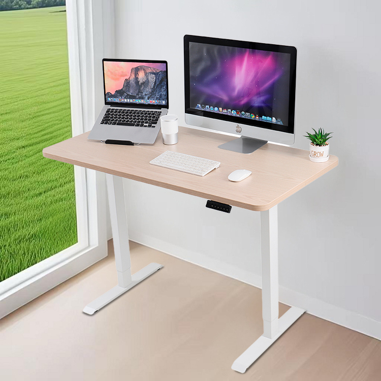 The 2SACRF2 white single motor standing desk in a home office setting by a window, supporting a laptop and a large monitor.