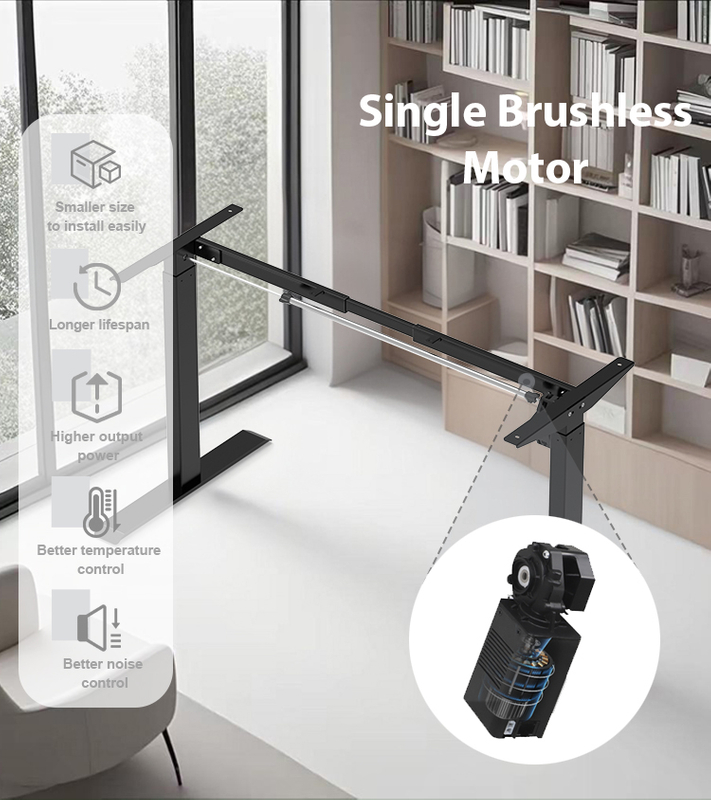 Brushless motor sit-stand desk frame with compact design, quiet lift, and better power and temperature control.
