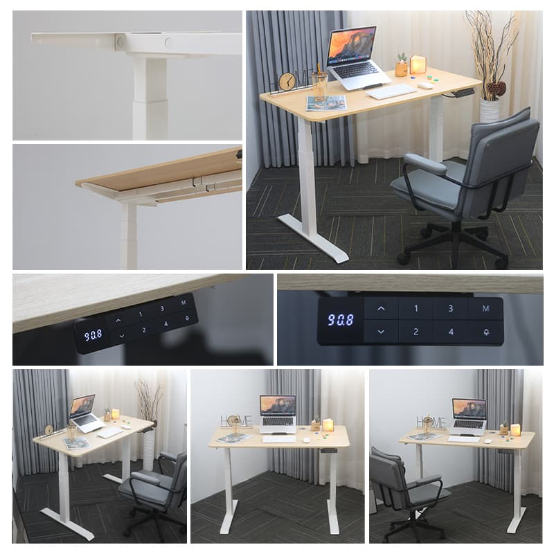 A collage of images showcasing the NATE 2AF3 sit-stand desk's details, including the smooth white finish, the controller with LED display, and the desk in various home office settings.