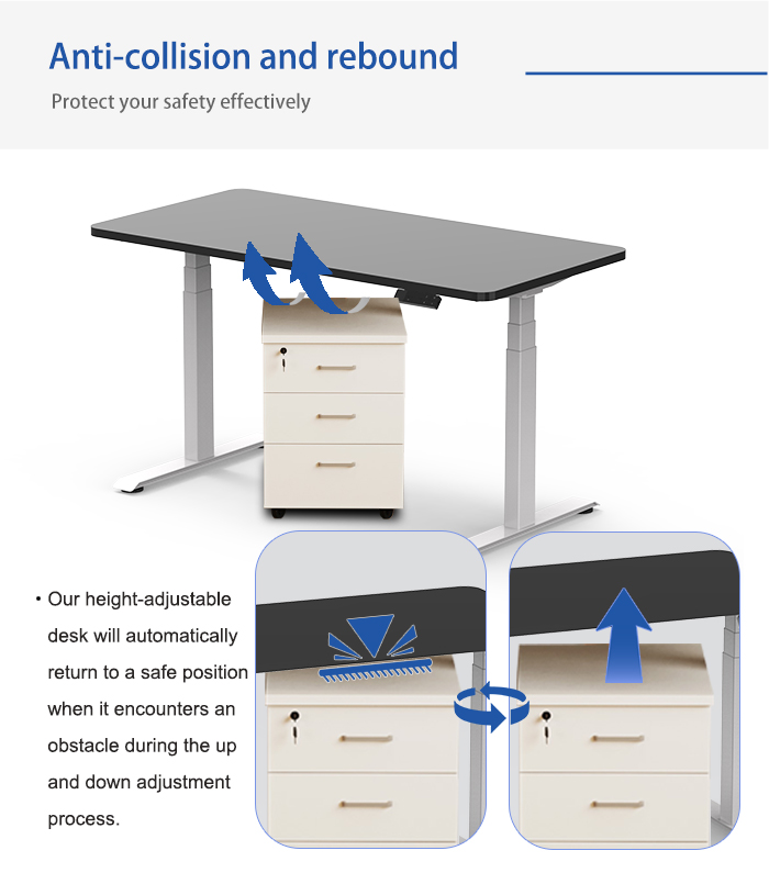 specifically demonstrates the anti-collision and rebound feature, showing the desk stopping and reversing when encountering an obstacle.