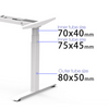 Adjustable sit stand desk frame with 3-stage rectangular column legs, showing tube sizes 70x40mm, 75x45mm, and 80x50mm for electric standing desk systems