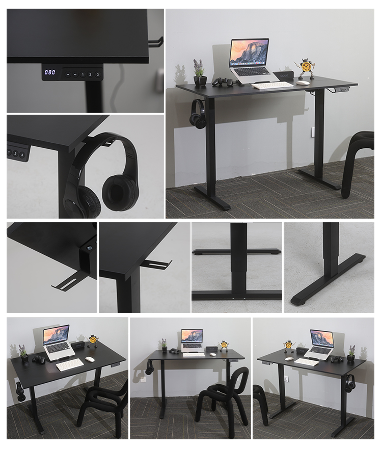 Collage of details for the SACR2 electric standing desk, showing the controller, hook, desk corner, and leg structure.