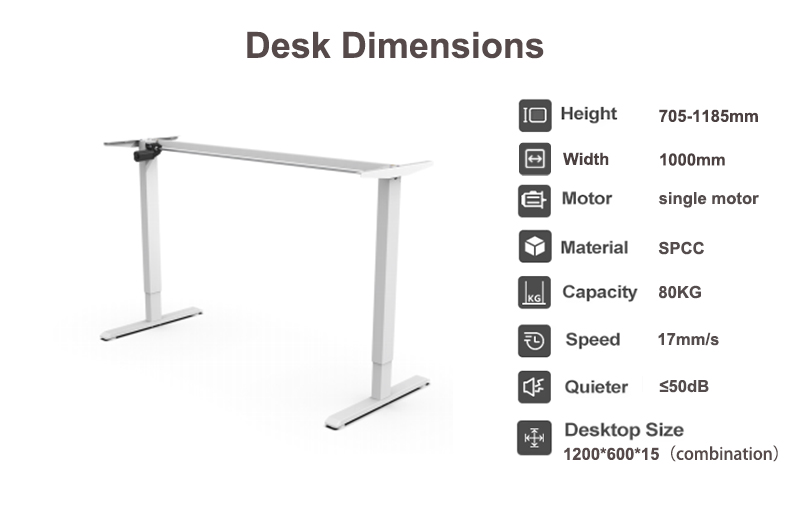 Specifications list for the SACR2 standing desk's white frame, including height range and motor type.