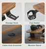 A composite image showcasing four key features of the desk: a convenient storage hook, a practical cup holder, a cable hole grommet for wire management, and the elevated monitor stand.