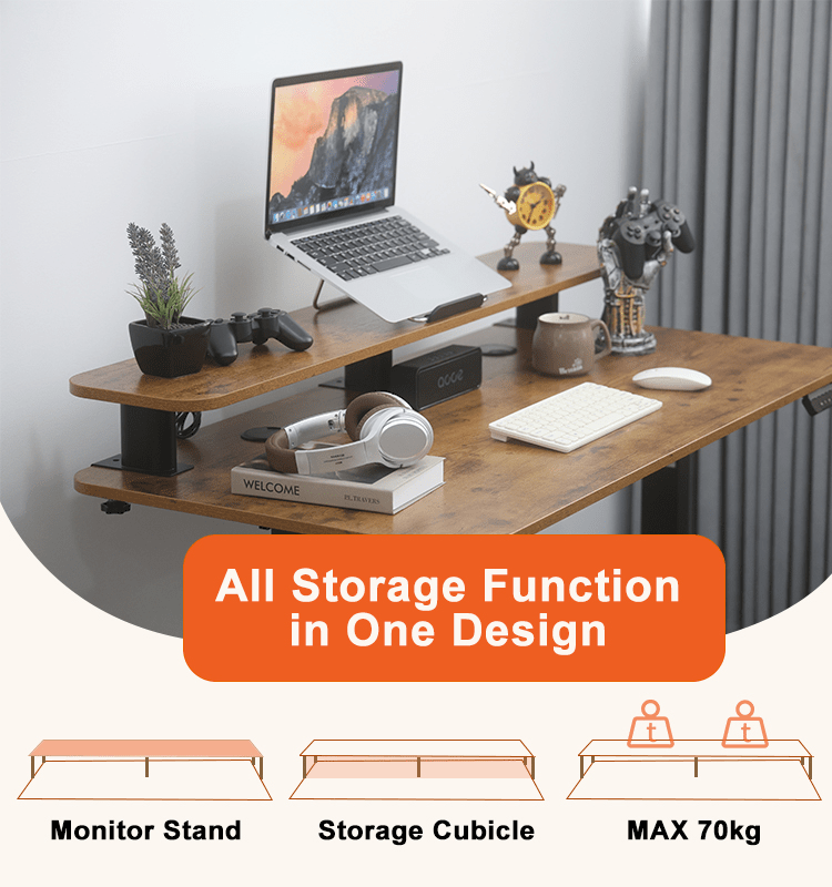 A graphic highlighting the desk's storage features, showing the monitor stand, the storage cubicle it creates, and its maximum load capacity of 70kg.