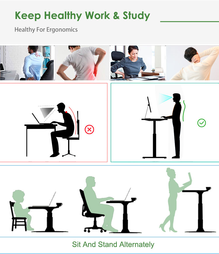 An illustration showing the ergonomic benefit of switching from an unhealthy sitting posture to a healthy standing posture, with a family alternately using the desk.