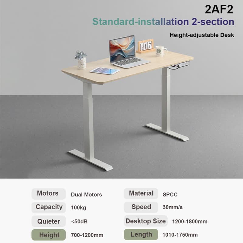 A complete 2AF2 standing desk setup listing its core performance specs like Dual Motors, SPCC steel material, and 100kg capacity.