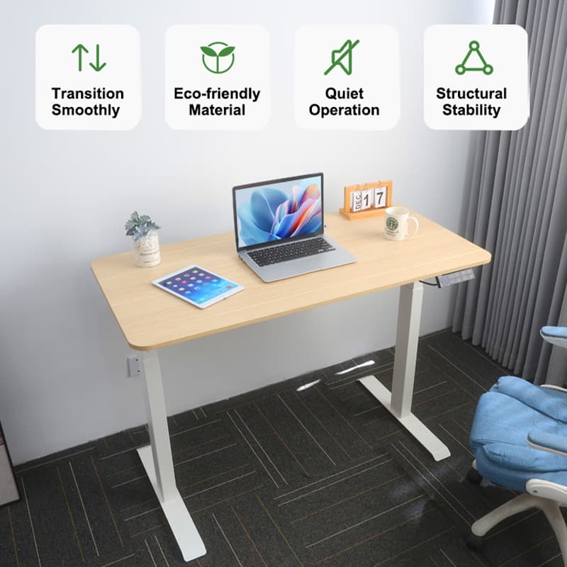 NATE 2AF2 electric desk in a modern office, with icons for smooth transition, eco-friendly material, quiet operation, and stability.