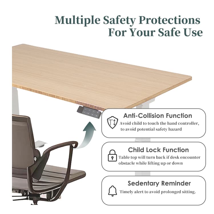 The desk's built-in anti-collision safety feature is highlighted, preventing the desk from hitting a chair while being lowered.