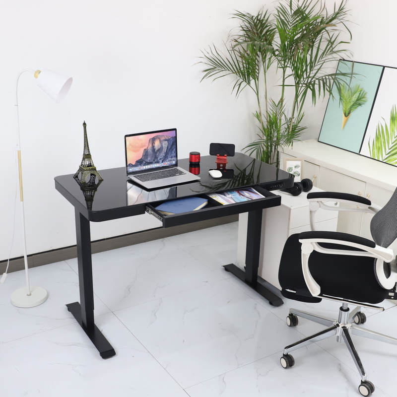 Tempered Glass Top Electric Height Adjustable Computer Desk with Drawers Office Standing Desk with USB Charging For Home Office Table