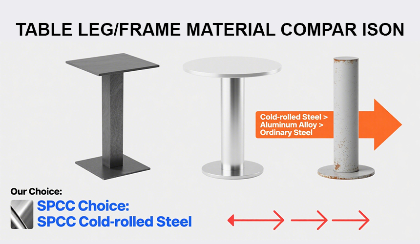  A table or chart comparing the three main lifting desk leg materials (cold-rolled steel, aluminum alloy, and ordinary steel) in terms of stability, strength, and price.