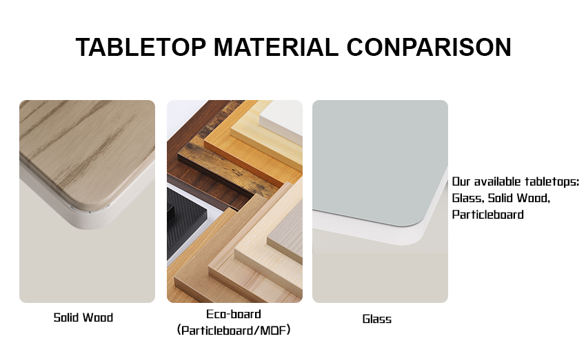 A comparison chart or image clearly showing the pros and cons of the three main lifting desk desktop materials (eco-friendly board, solid wood, and tempered glass) to help users choose.
