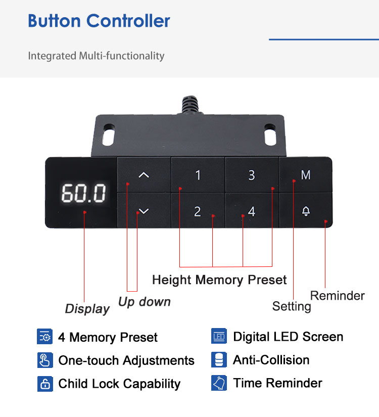 A close-up of the integrated multi-function button controller with an LED display and memory presets.