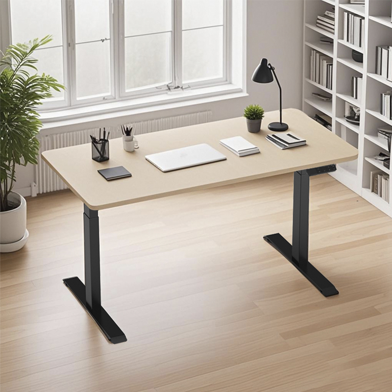 An isolated, angled studio shot of the white 2AF3 dual-motor standing desk frame without a tabletop, showing its expandable central beam.