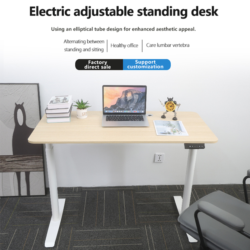 A stylish electric standing desk with a light wood top and white 2SCAF2 frame, shown in a modern office setting with a laptop and chair, highlighting its aesthetic appeal.
