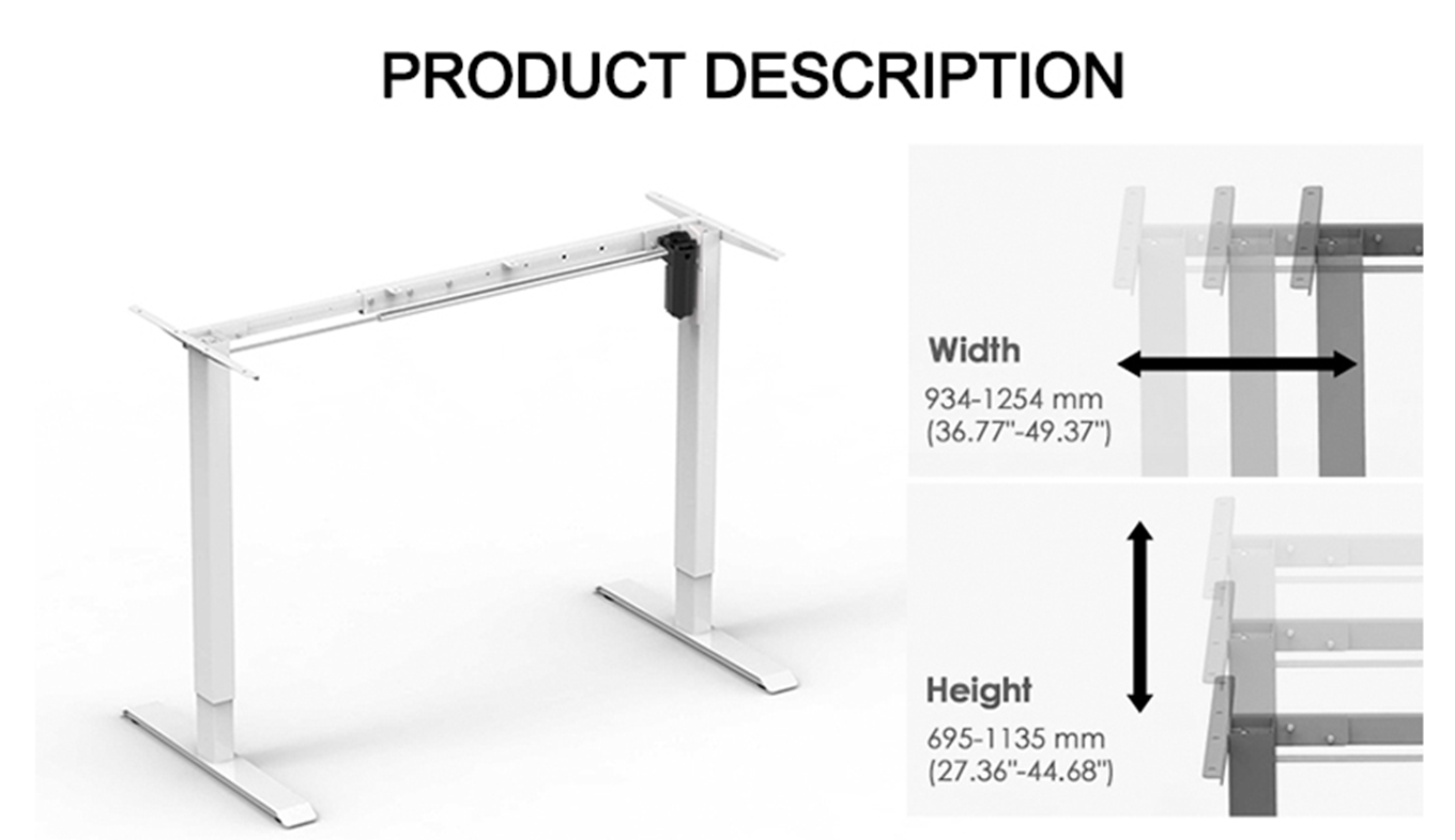 Diagram showing the adjustable width (934-1254mm) and height (695-1135mm) of the 2SACRF2 electric desk frame for ergonomic comfort.