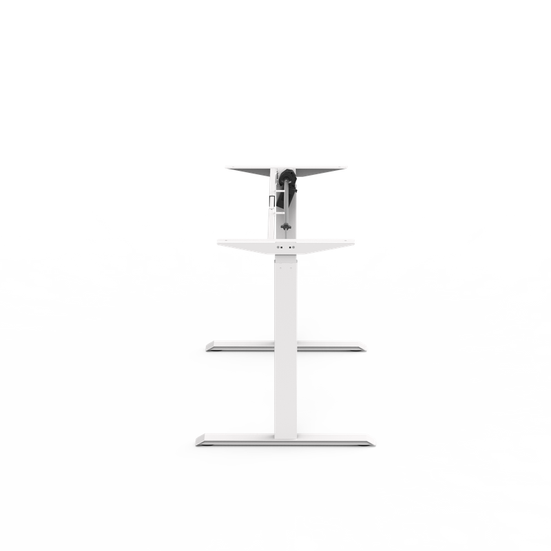 A side profile studio shot of a white, single-motor, height-adjustable desk frame, showing the leg, foot, and motor housing.
