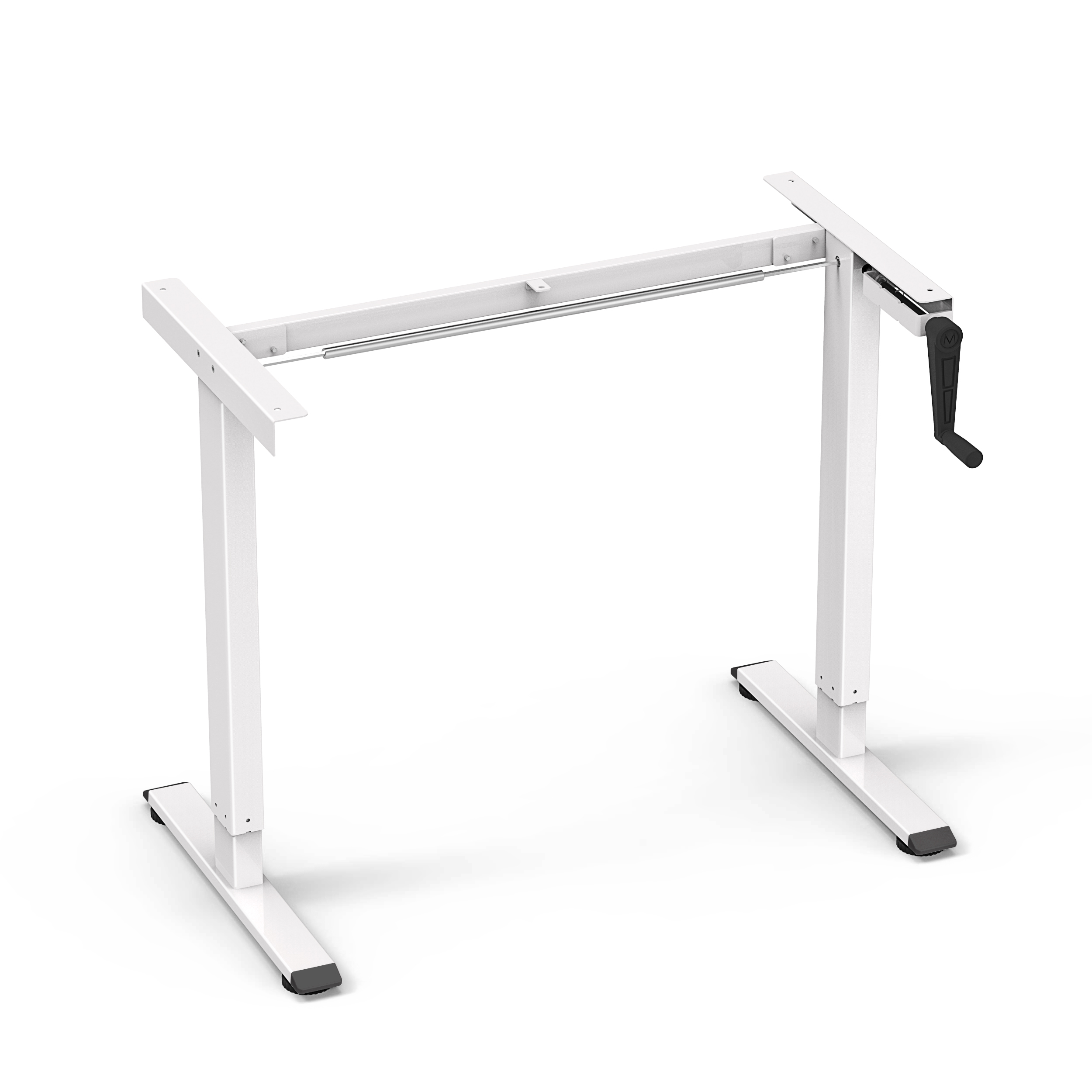2MABR2 manual height-adjustable desk, white frame front view, sturdy H-shaped support, ergonomic sit-stand office desk