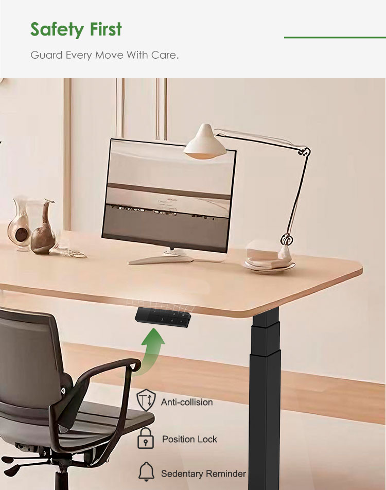 The desk's built-in anti-collision safety feature is highlighted, preventing the desk from hitting a chair while being lowered.