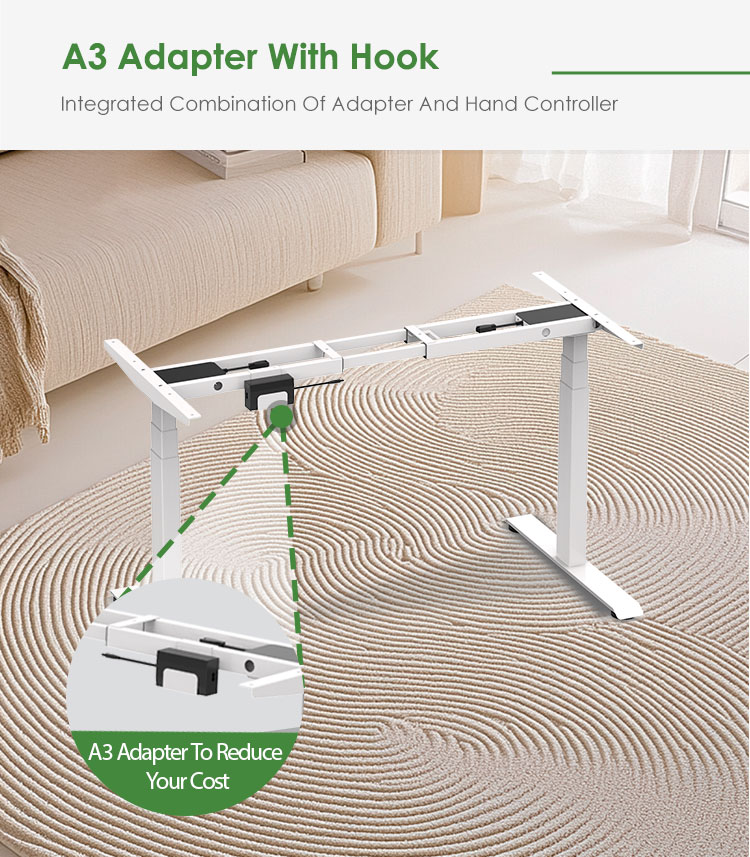 A close-up of the A3 adapter with an integrated hook, highlighting its cost-reducing design for the standing desk frame.