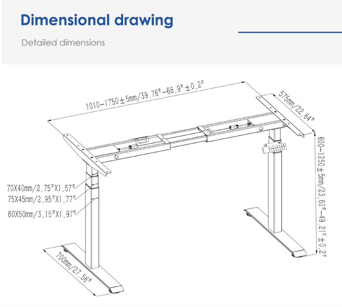 provides a detailed dimensional drawing of the desk frame structure.