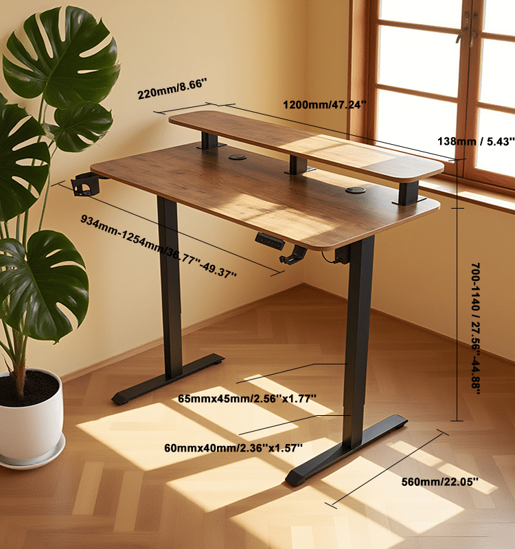 A detailed diagram of the two-tier standing desk with precise measurements for height, width, and depth of all components in both millimeters and inches.