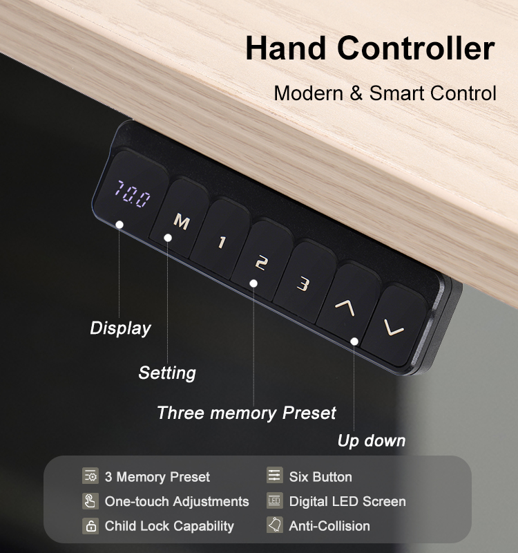 A close-up of the modern 6-button hand controller, detailing its features: digital LED display, setting button, three memory presets, up/down controls, child lock, and anti-collision.