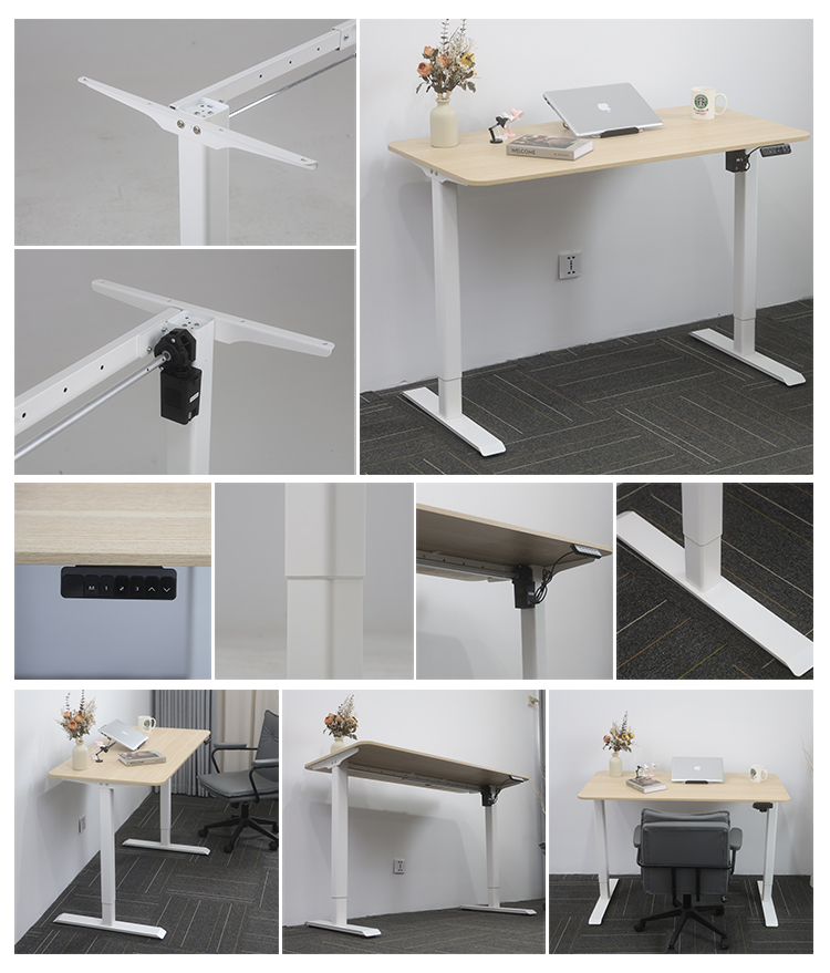 A collage of 8 images showing different angles and features of the height-adjustable desk frame, including close-ups of the legs, motor, controller, and full desk setups.