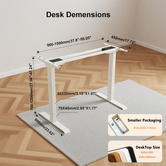 A clear schematic of the electric standing desk frame, displaying its precise adjustable dimensions for height, width, and depth.