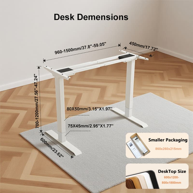 A clear schematic of the electric standing desk frame, displaying its precise adjustable dimensions for height, width, and depth.