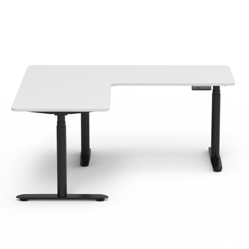 L-shaped electric standing desk with a white desktop and black frame.
