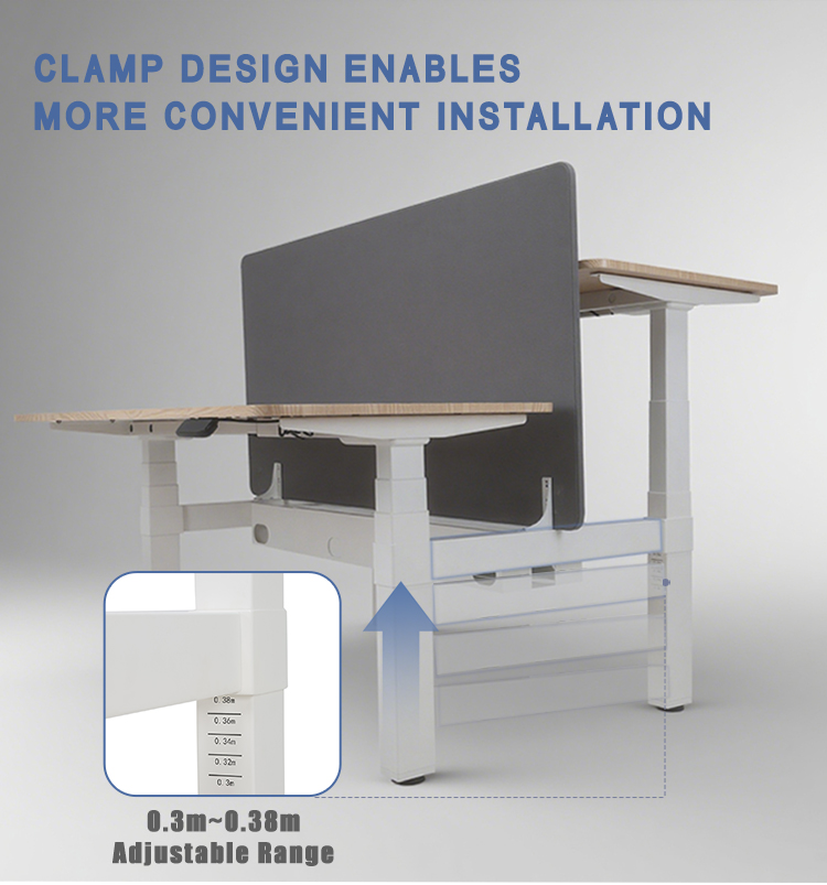 Close-up of the desk's clamp design, showing an adjustable range from 0.3m to 0.38m for easy installation.