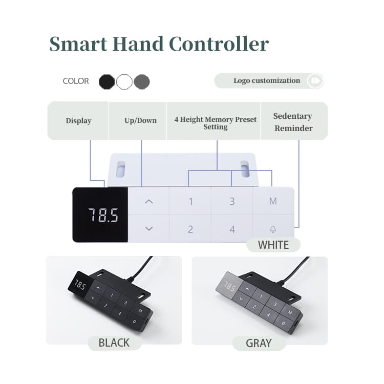 A close-up of the smart hand controller available in white, black, and gray, showing the LED display, up/down buttons, and 4 memory presets.