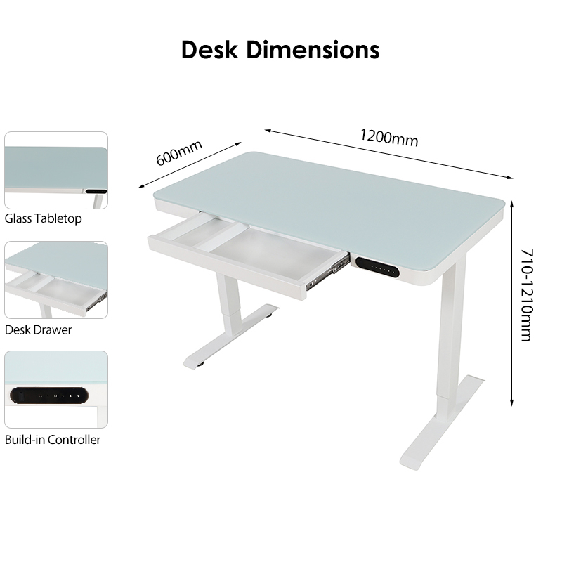 Tempered Glass Top Electric Height Adjustable Computer Desk with Drawers Office Standing Desk with USB Charging For Home Office Table