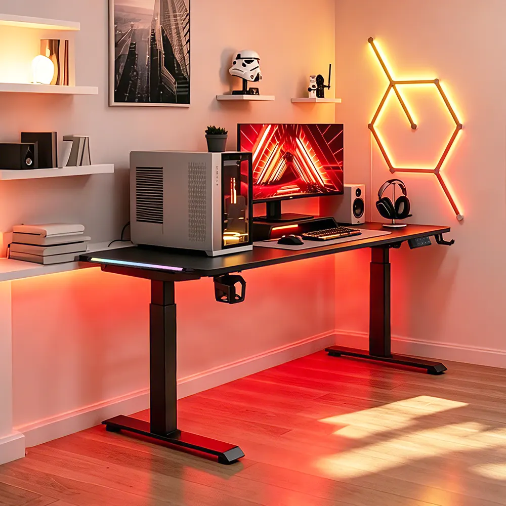 2AF2-D5 RGB height adjustable gaming desk with PC setup