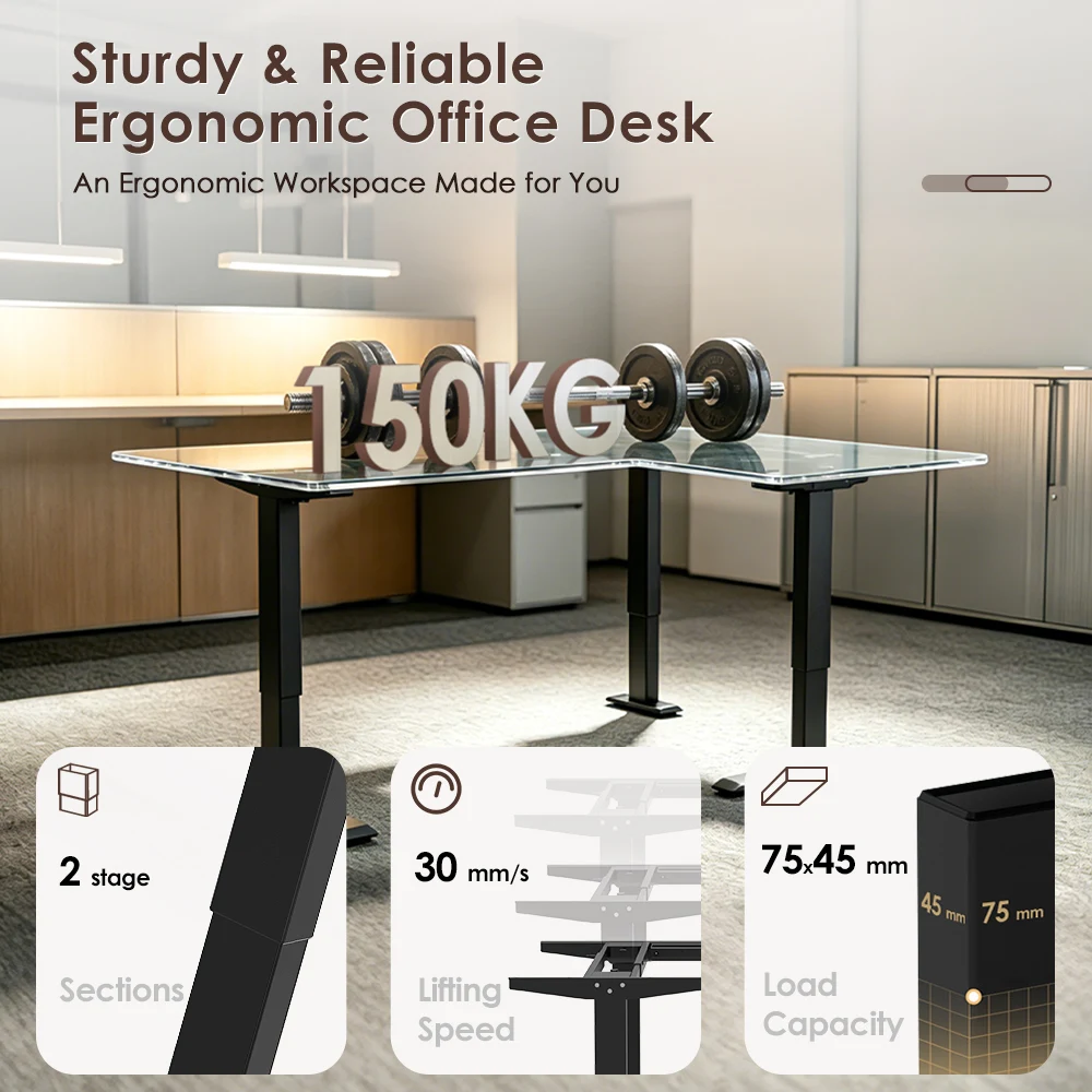 3JRF2 three-motor L-shaped standing desk frame with 150kg load capacity