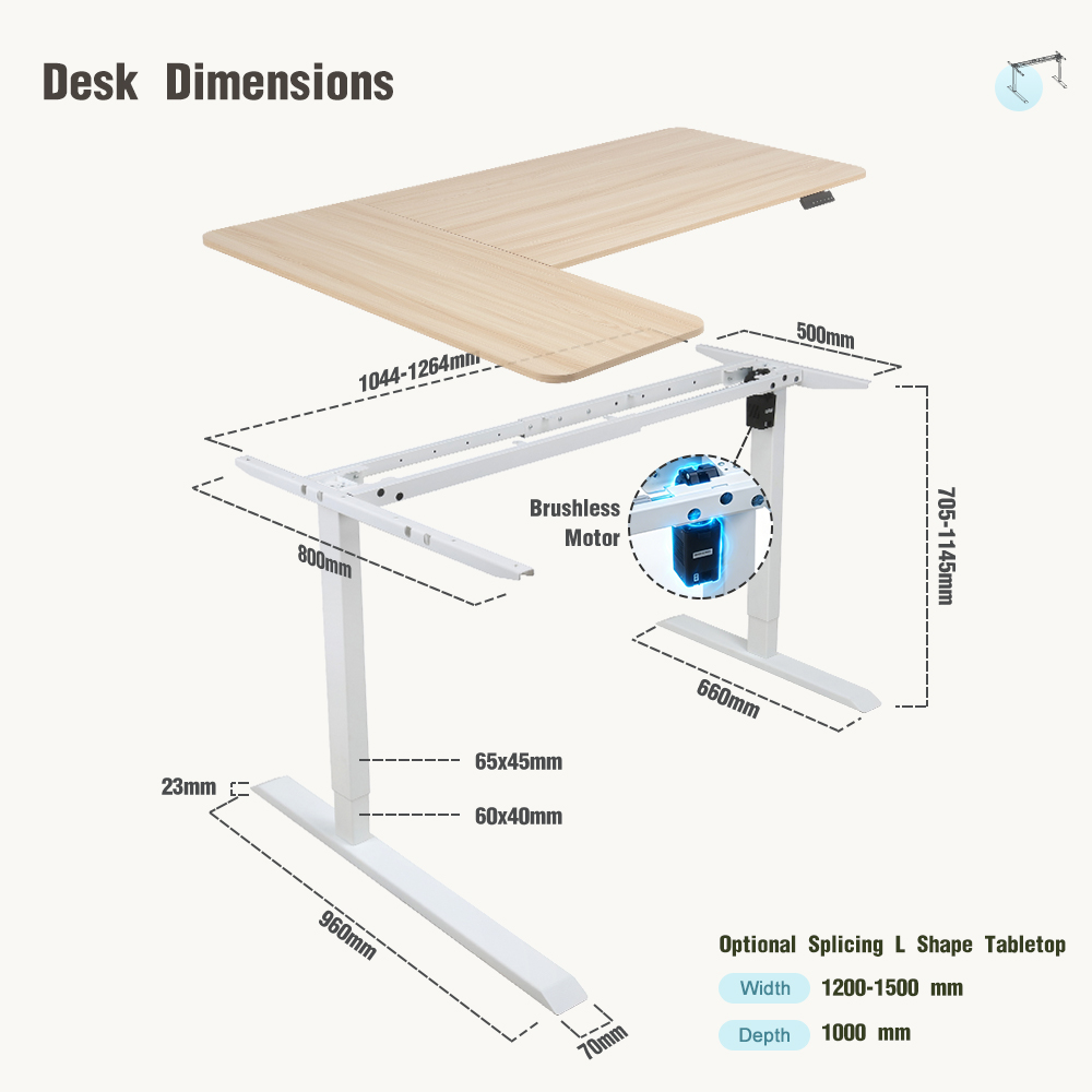 NT33-2SACRF2(D) L-shaped standing desk frame dimensions